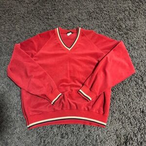 Vintage Lee Pullover Sweatshirt Mens XLG Extra‎ Large Red Velour V Neck USA Made
